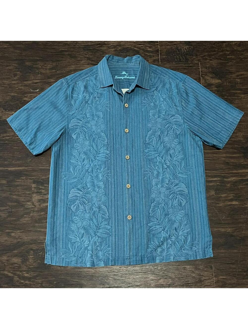 Tommy Bahama Mens Blue Hawaiian Floral Aloha Silk Shirt Size Medium